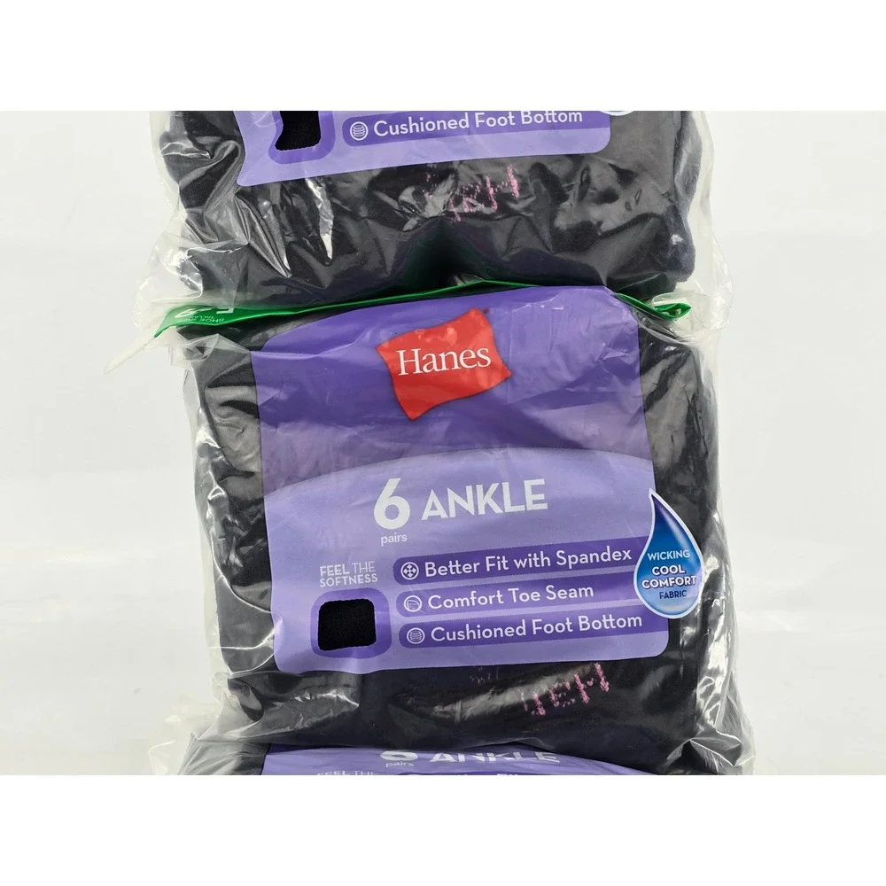 Hanes Ankle Socks Womens 5-9 Black Cushioned 6 Pair Packs -New